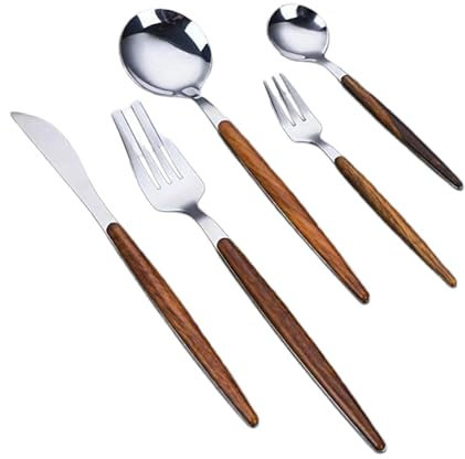 Juego De Cubiertos 5 Pieces Of Imitation Wood Handle Cutlery Knife And Fork Set Spoon Steak Knife Coffee Spoon Stainless Steel Cutlery Silver