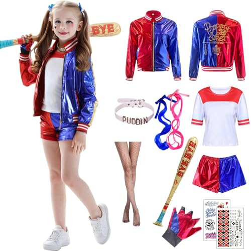 Raveparty Costume per cosplay, Halloween, carnevale da donna e bambina, con top, pantaloncini, colletto, parrucca, calze, tatuaggi, mazza da baseball, per cosplay (ragazza, 130)