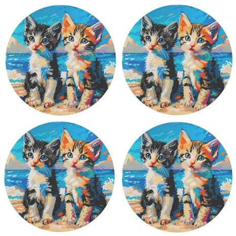Bunte Katzen bedruckte abgerundete Untersetzer für Getränke, saugfähig, 4 Stück, für Tee, Kaffee, Holz, leichte und hitzebeständige Untersetzer mit Korkboden zum Schutz Ihres Zuhauses