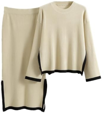 Damen-Pullover, zweiteiliges Set, Strickset, lässig, Rundhalsausschnitt, Patchwork, Pullover, Tops + elastische Taille, Midirock, aprikose, Einheitsgröße