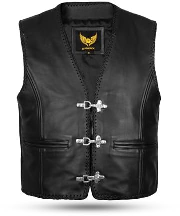 Leatherick Chaleco de motociclista de cuero genuino negro Chaleco de motociclista trenzado con hebilla de anzuelo (FR/ES, Letras, M, Regular, Regular, Negro (Cremalleras Laterales))