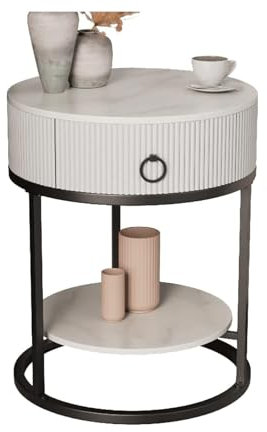 KHLMSRXJ Comodino Comodino Moderno Rotondo con cassetto Tavolino Laterale per Divano con Piano in Pietra Naturale marmorizzata e Gambe in Metallo Piccolo Comodino per Camera da Letto Mesa d