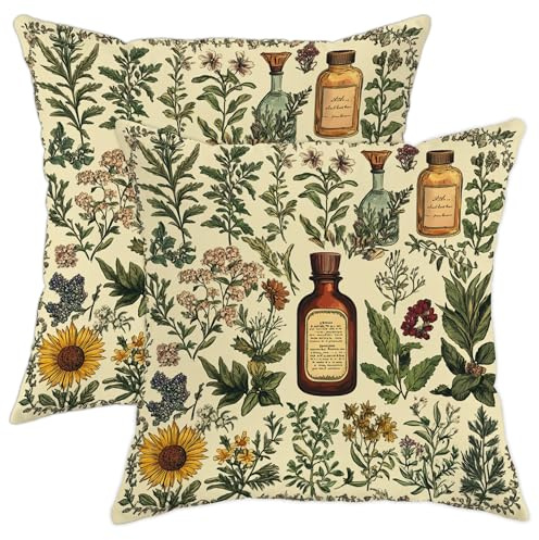 Herbal Pillow Covers Set of 2, Nature-Inspired Green Botanical Print Throw Pillows Case, Spring Decorative Square Farmhouse Decor Cushion Covers for Home Sofa Bed Couch 20x20 Inch