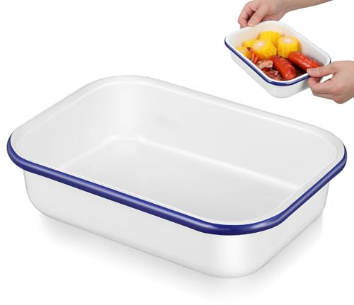 Doitool Roasting Tin Enamel Cookware Baking Pan Pie Dish Large Rectangular Serving Tray, Enamelware Oblong Bread Cake Pan, Lasagna Dishes, Enameled Steel Plate, Food Container, 22 * 16 * 5.5cm White