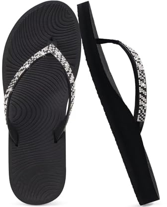 KuaiLu Femmes Strass Flip Flops avec Confort Arc Soutien Yoga Tapis Coussin Sandales Mode Eté Plage Piscine Voyage Orthotic Walking Thong Sandles Slip sur Plantar Fasciitis Noir 37