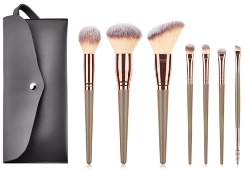 Set di 7 pennelli da trucco, professionali, per fondotinta, cipria, correttore, fard, ombretto, sopracciglia, con borsa per cosmetici, kit da viaggio, color oro champagne