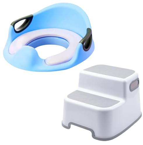 VIROSA Toilet Training Set – 2 Step Stool + Potty Training Seat with Handles & Backrest – Non-Slip, Safe & Sturdy for Toddlers, Boys & Girls – Fits Round & Oval Toilets – Unisex White (Blue)