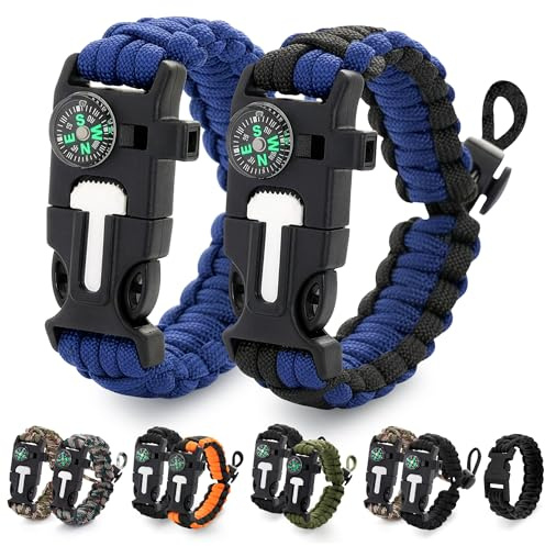 Paracord Bracelets for Men and Women – Adjustable Survival Paracord Bracelet with 11.8 ft Nylon Cord, Flint Fire Starter, Compass, Whistle & Scraper – Camping, Hiking, Fishing Gear (Blue Combo)