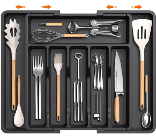 CeruleTree Large Cutlery Drawer Organiser, Expandable Cutlery Tray with 6-to-8 Compartments, Adjustable Utensil Kitchen Storage & Organisation for Knives, Forks and Spoons, Black