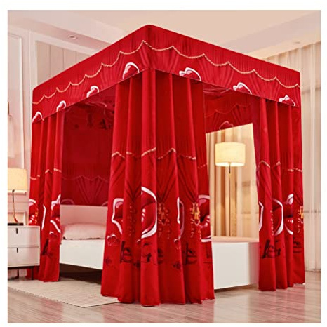 Moskitonetz für Einzelbett, geeignet für Einzelbett und Doppelbett, dekorativer Bettvorhang im Schlafzimmer, mit Metallstütze (Rot 150 x 200 cm)
