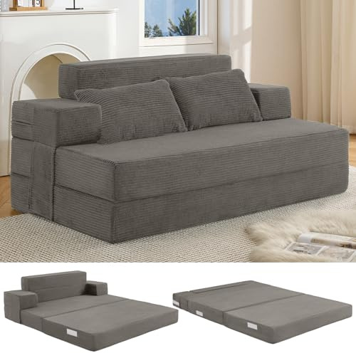 Fantico 4-in-1 Schlafsofa 150 x 200 cm – Schlafsessel mit Bettfunktion, klappbares Bettsofa, Faltbare Schlafcouch mit integrierten Rückenkissen & separatem Kissen, waschbarer Bezug, Dunkelgrau