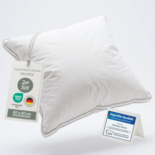 Blumtal Federkissen 80 x 80 cm 2er Set mit 3-Kammer-Füllung - Oeko-TEX zert. Kopfkissen 80x80 2er Set Federfüllung - Ultra stützender Federkern + HCS-Außenkammern - Bauchschläferkissen, Weiß