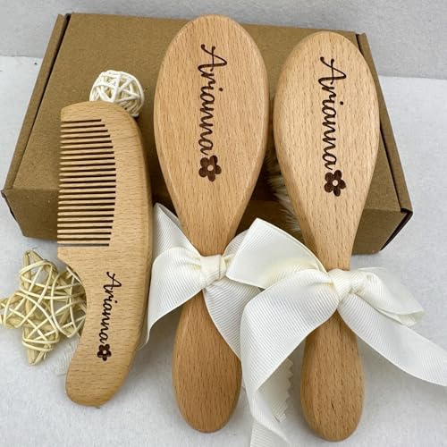 Individuell Graviertes Babyhaarbürsten-Set Aus Holz, 3-teiliges Naturkamm-Set Mit Logo, Gastgeschenk Zur Babyparty, Babypflege-Set For Neugeborene Und Kleinkinder, Weihnachtsgeschenk
