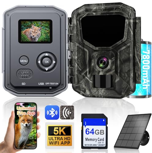 5K Wildlife Camera, Infrared Trail Camera with 64G SD Card，64MP Full HD, Built-In 7800mAh Rechargeable Battery Wildlife Camera With Night Vision Motion Activated ,Mobile Phone Transmission App,IP66