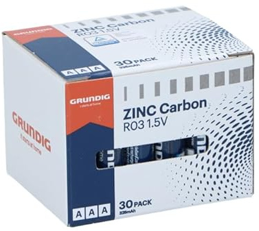 Grundig AAA Zinc Carbon Batteries Pack of 30 - RO3 1.5V 325mAh - for Remote Control Clock Kitchen Scales and Small Electronic Devices