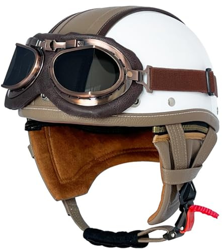 Mezzo Caschi Motociclista Pelle Retrò Caschi Moto Jet E Demi-Jet con Occhiali Mezzo Casco Scodella Portatile ECEDOT Omologato Casco Ciclomotore Elmetto Scooter per Uomo Donna