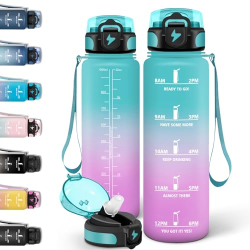 Motswedi Gourde 1l, Gourde Paille, Conception de Serrure Étanche, Bouteille Sport, Avec Marqueur de Temps, Bouteille Motivation, Convient aux Boissons Gazeuses, pour Bureau, Camping - Vert&Poudre