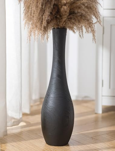 Hanobe Groß Vase Holz Hoch Boden Bodenvase Schwarz Skandinavische Deko | XXL Flur Stockholm Wohnzimmer Deko, 56cm Minimalistische Standvase mit Loch für Pampasgras