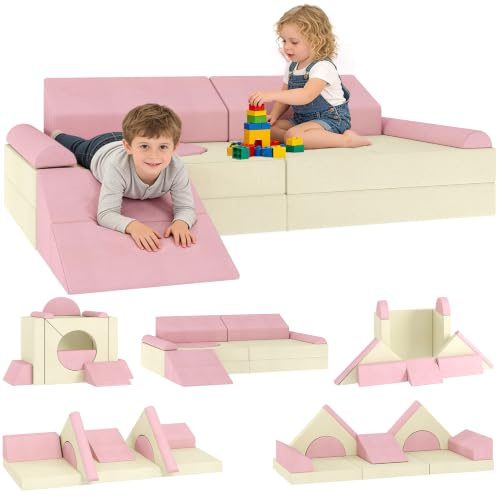 AIYAPLAY Soft Play Set Modular Kids Sofa Bed for Children 12 Pieces Pink | Playroom, Bedroom, Living Room, Children Convertible Sofa, for Boys and Girls