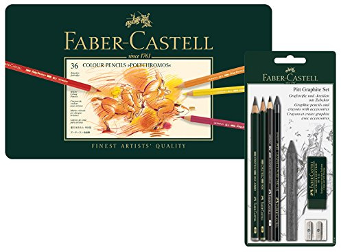 Faber-Castell 110036 - Künstlerfarbstift Polychromos, 36er Metalletui (Metalletui + Pitt Graphite Zeichenset)