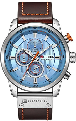 CURREN Orologio militare da uomo con cinturino in pelle, cronografo, impermeabile, sportivo, con data, orologio da polso al quarzo, idea regalo, argento blu, cronografo, movimento al quarzo
