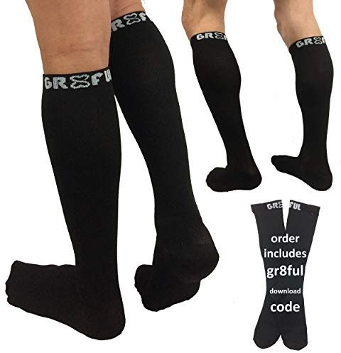 gr8ful® Compression Socks for Men & Women | Fab for Running, Calf Injury, Shin Splints, Achilles Tendonitis, Travel & Pregnancy | Reduce Swelling + Pain, Aid Recovery. Black, 15-20mmhg, 1 Pair L/XL