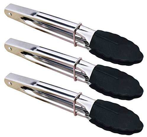 HINMAY Small Serving Tongs with Silicone Tips 7 Inch Kitchen Tongs, Set of 3 (Black)
