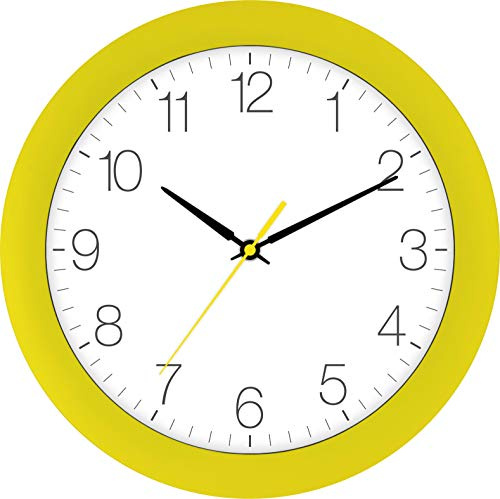 Eurotime Funkwanduhr, 30 cm, Gelb, Kunststoffgehäuse, gewölbtes Echtglas, automatische Zeitein- und Zeitumstellung von Sommer- und Winterzeit, klares Zifferblatt, 52800-03-1