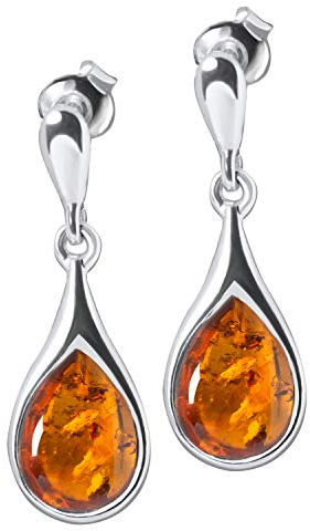 ANDANTE Premium Collection - Echter OSTSEE Bernstein Ohrstecker in 925 Sterling Silber ** Tropfen Lang ** Zertifiziert - Gold des MEERES - Farbe COGNAC