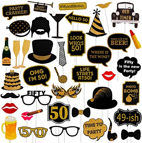 50th Birthday Photo Booth Props - 41 Pcs Black and Gold Funny Birthday Party Decorations for Men & Women, Fifty and Fabulous Anniversary Party Supplies,50th Printed Gold Glitter Selfie Props Kit