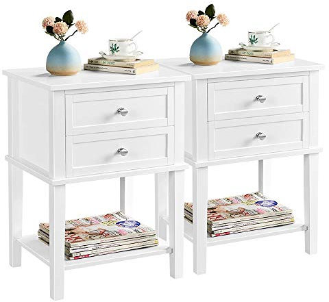 Yaheetech Lot de 2 Tables de Chevet en Bois Blanc Tables de Nuit Bout de Canapé avec 2 Tiroirs et 1 Étagère de Rangement Désign Moderne pour Chambre et Salon