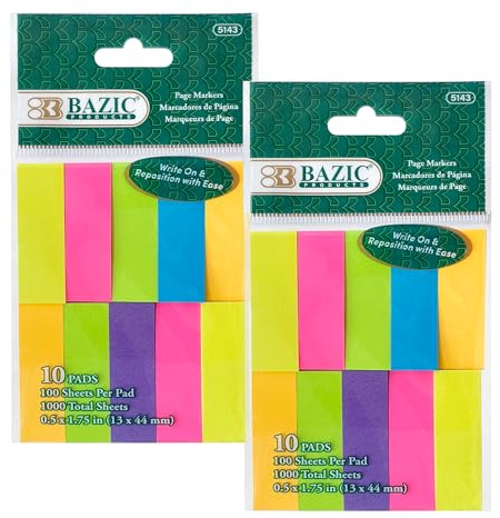 BAZIC Products Neon Page Marker, Sticky Notes for Study Materials and Office Use, Neon Colored Writable Index Tabs, Page Markers and File Tabs, 0.5x1.75, 1000 Sheets/Pack, 2-Packs