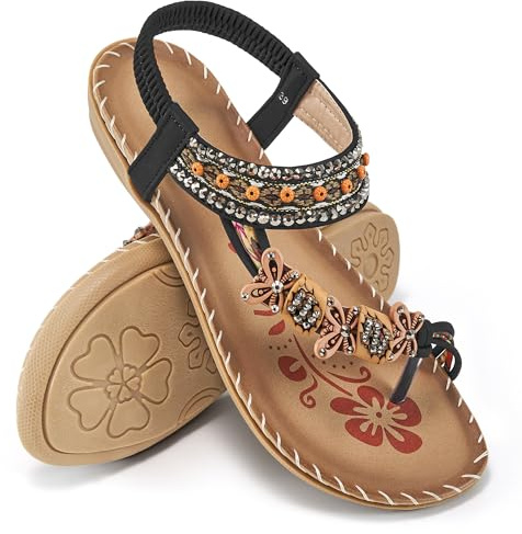 Ablanczoom Sandali da donna sandali estivi gladiatore bohemien perline scarpe da abito confortevole punta aperta elastico cinturino alla caviglia slip on sandalo, nero, 37.5 EU
