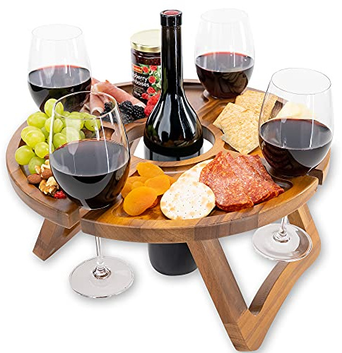Klappbarer Weintisch - Hält Weingläser und -Flaschen an ihrem Platz - Outdoor Weintisch - Tragbarer Weintisch - Picknicktisch Mini Campingtisch Weinglashalter Holz - Outdoor Wine Table Picnic Table