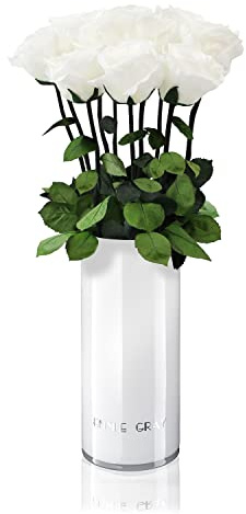 Classic Vase Set | Long Stem Infinity Rosen inklusive weißer Glasvase - Luxuriöser Rosenstrauß aus echten Premiumrosen, die 1-3 Jahre halten, haltbare Rosen (Pure White, 10 Rosen)