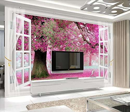 Papier Peint Panoramique Paysage De Forêt De Sakura À L'Extérieur De La Fenêtre Papier Peint Intissé 3D Murale Tableaux Muraux Tapisserie Salon Chambre