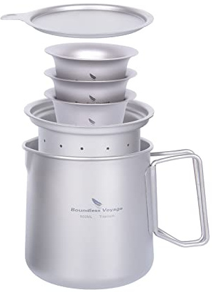 iBasingo 500ml Titan Tee Topf 3 40ml Tasse Set mit Filter & Deckel Einschichtiger Kaffee Becher Garten Picknick Teekanne Set Outdoor Camping Tragbare Leichtes Wandern Trinkgeschirr Ti3126D