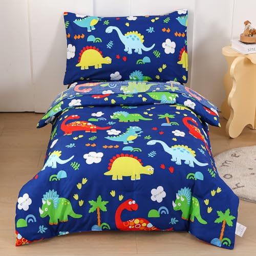Wowelife Toddler Bedding Set, 4 Piece Toddler Bedding Set for Boys, Includes Toddler Bed Comforter, Flat Sheet, Fitted Sheet and Pillowcase, Dinosaur Blue