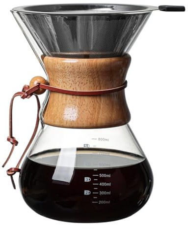 Pour Over, 400ml Filtro Doble Capa Pitorro en V Funda de Madera Cafetera Jarra de Vidrio Borosilicato de Goteo para Casa Cafe Fiesta