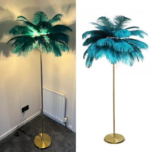 pombconw Lampadaire Lampe en plumes d'autruche naturelle lampadaire moderne pour salon LED lampe sur pied avec interrupteur au pied finition dorée abat-jour en plumes élégantes pour décor