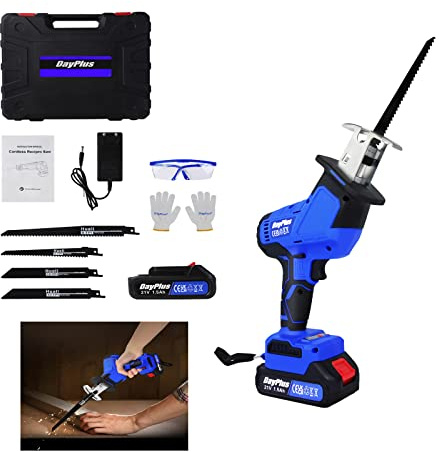 Scie alternative sans balai, 21v sans fil avec batterie de 1,5 Ah, scie sabre à main à vitesse variable, 4 lames, débattement de 15 mm, idéale pour la Coupe du bois et du métal