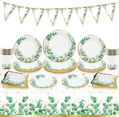 98PCS Sage Green Party Tableware Set | Disposable Plates, Cups, Napkins, Tablecloth & Banner - Perfect for Baby Showers, Birthdays, Safari Parties