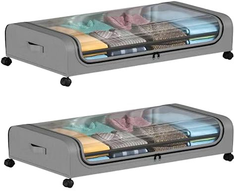 Caluself Mobile Sottoletto con Ruote,armadietto Sottoletto Pieghevole,armadietto Sottoletto Scorrevole con Cassetti in Metallo, Organizzazione e Stoccaggio Vestiti(Grigio-2)