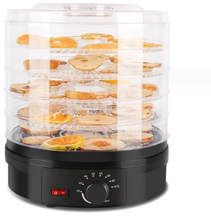 Deshidratador de Frutas y Verduras o Secador de Alimentos para Frutas, Verduras y Jerky, Ajustable 35-70°C, 5 Bandejas Apilables, 13 Litros, 350 W de Potencia,White