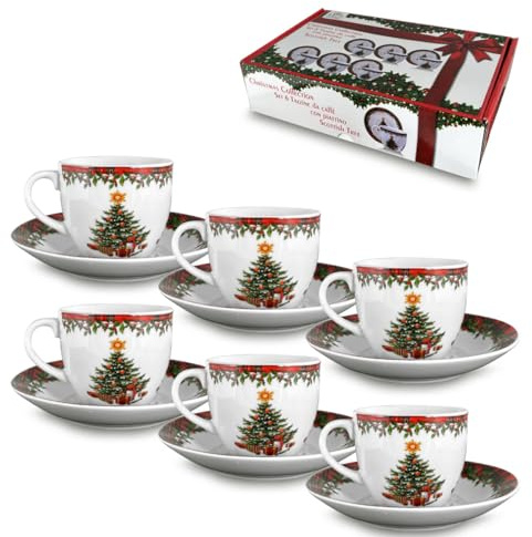 ARCA, Set di 6 Tazze da Caffè con Piattino in Porcellana, per 6 Persone, con Decorazione Natalizia Scozzese, Resistenti e Durature, Ideali per la Tavola, Idea Regalo di Natale, 4,5x5,5 cm
