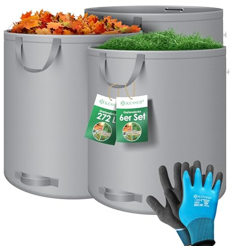 KESSER® Gartensack 6x 272L Set Laubsack Gartenabfallsack inkl. Handschuhe - Selbststehend 4 Griffe Stabil Robust & Faltbar - Laubsäcke Rasenschnitt Gartensäcke für Gartenabfälle Grünschnitt Grau