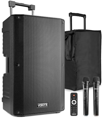 VONYX VSA500 12-Inch Portable PA System, 2 Wireless Mics, Bluetooth, Cover | 800W output, rechargeable battery, ABS housing, wheels, extendable handle
