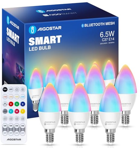 Aigostar Mesh - 6.5W C37 Alexa Glühbirne Bluetooth Mesh, Smarte Glühbirne Funktioniert mit Alexa, Smart Bulb E14 Kerze LED 555LM RGB & 2700K-6500K, 6 Stücke (mit Bluetooth-Fernbedienung)