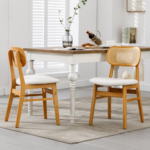 chairus 2er Set Kunstfell Esszimmerstühle für Küchen Rattan Akzentstühle für Esszimmer Polsterstuhl mit Massivholzbeinen für Wohnzimmer (Beige-2)