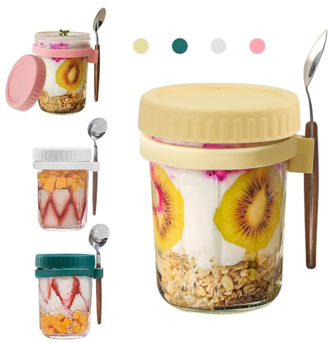KITERI 4 Pack Overnight Oats Jars with Lids and Spoon, 11.8oz/350ml | Overnight Oats Container, Glass Mason Jars, Airtight Breakfast Jars, with Measurement Marks for Salads Cereal Fruit
